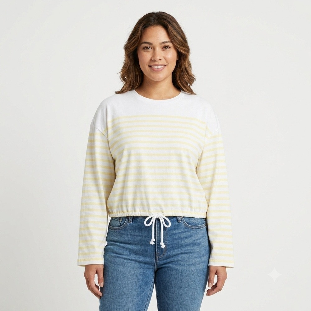 Madewell Top Womens XL Striped Drawstring Hem Long Sleeve Tee Yellow White NZ385